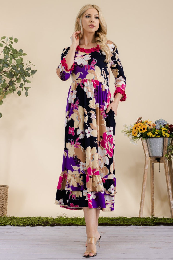 Celeste Full Size Floral Ruffled Midi Dress Trendsi