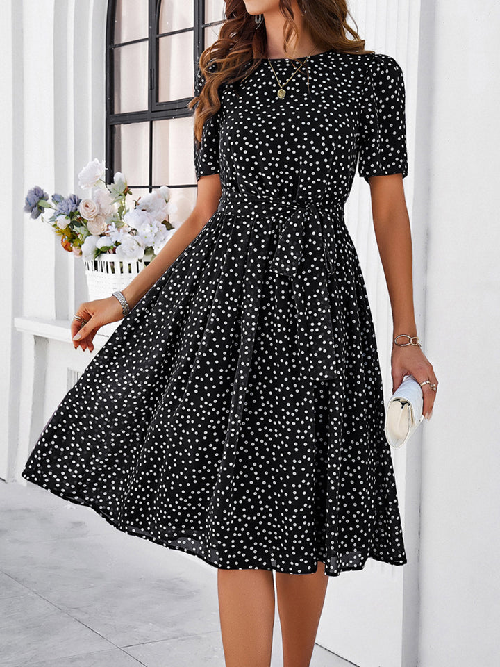 Printed Round Neck Short Sleeve Dress Trendsi