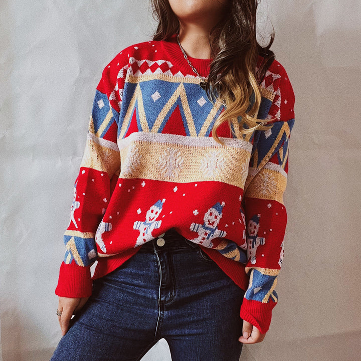 Printed Round Neck Long Sleeve Sweater Trendsi