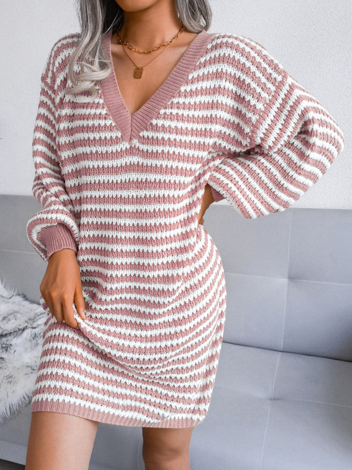 Striped V-Neck Long Sleeve Mini Sweater Dress Trendsi