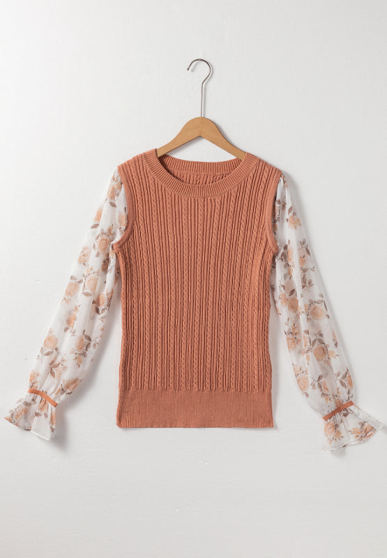 Cable Knit Round Neck Flounce Sleeve Sweater Trendsi