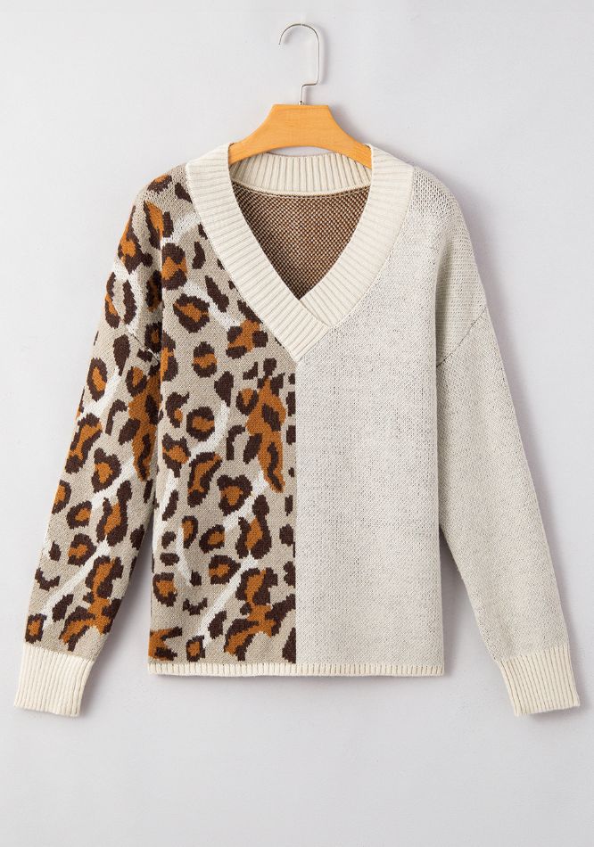 Leopard V Neck Drop Shoulder Sweater Trendsi