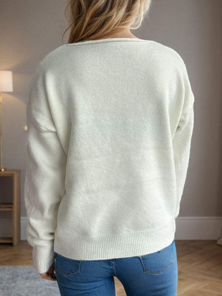 V-Neck Dropped Shoulder Long Sleeve Sweater Trendsi