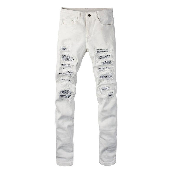 White Cashew Flower Patch Torn Jeans - Super Amazing Store