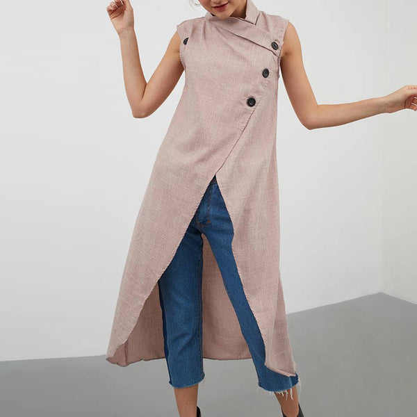 Button Sleeveless Irregular Cardigan Top Women Q2