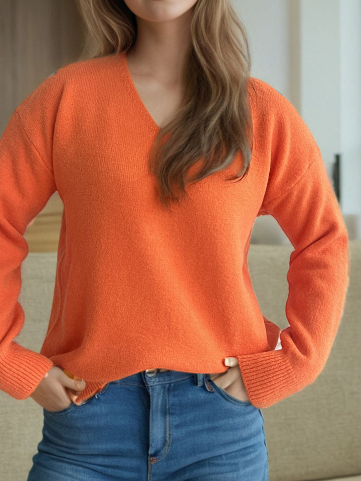 V-Neck Dropped Shoulder Long Sleeve Sweater Trendsi