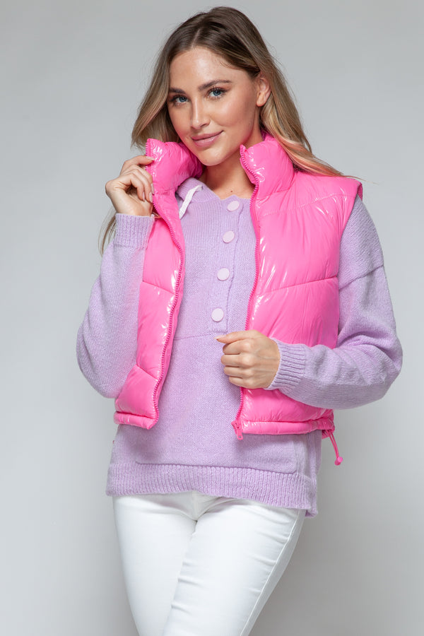 Snobbish Zip Up Turtleneck Shiny Quilted Vest Trendsi