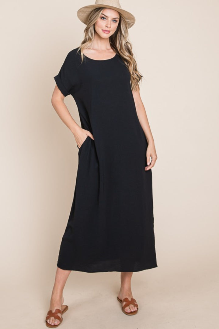 BOMBOM Round Neck Short Sleeve Midi Dress with Pockets Trendsi