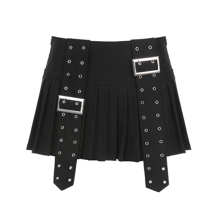 American Heavy Industry Design Pleated Skirt Japanese Buckle Stitching Low Waist A- Line Style - Super Amazing Store