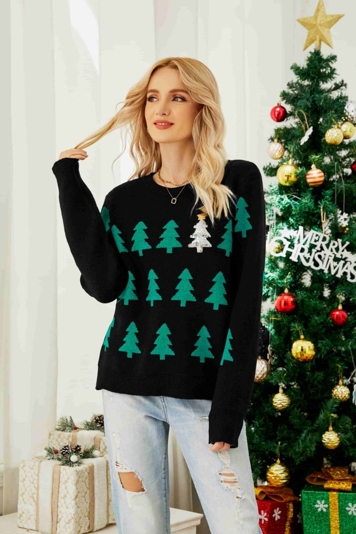 Christmas Tree Round Neck Ribbed Trim Sweater Trendsi