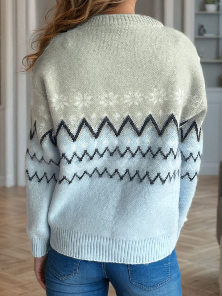 Chevron Contrast Round Neck Long Sleeve Sweater Trendsi