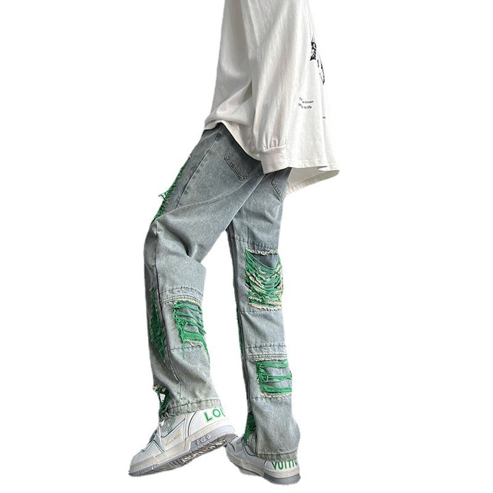 Green Ripped Jeans For Men Raw Embroidery-Super Amazing Store