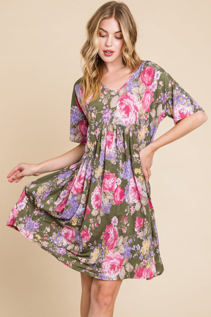 BOMBOM Flower Print V-Neck Ruched Dress Trendsi