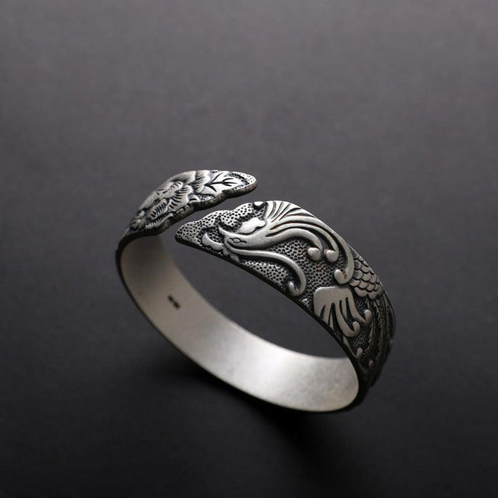 S999 Pure Silver Phoenix Peony Wide Side Thai Silver Matte Retro Ethnic Style Bracelet Women - Super Amazing Store