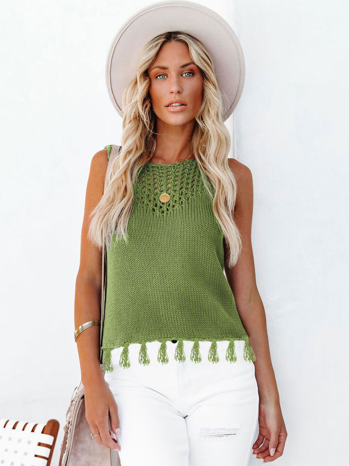 Cutout Tassel Round Neck Tank Trendsi