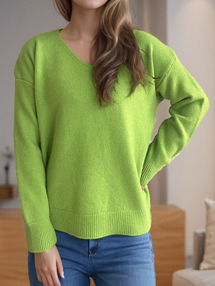 V-Neck Dropped Shoulder Long Sleeve Sweater Trendsi