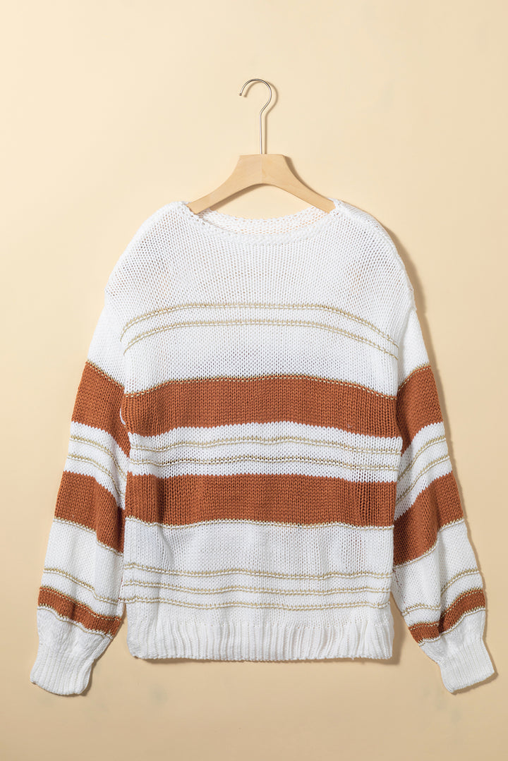 Striped Round Neck Dropped Shoulder Sweater Trendsi