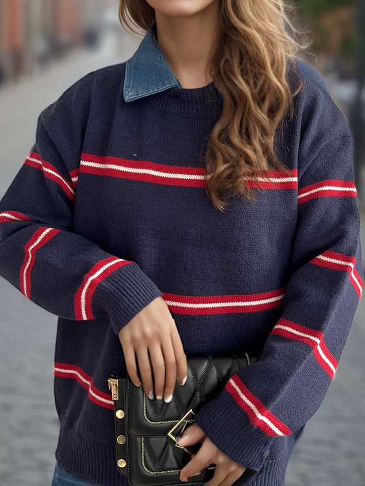 Contrast Stripes Round Neck Long Sleeve Sweater Trendsi