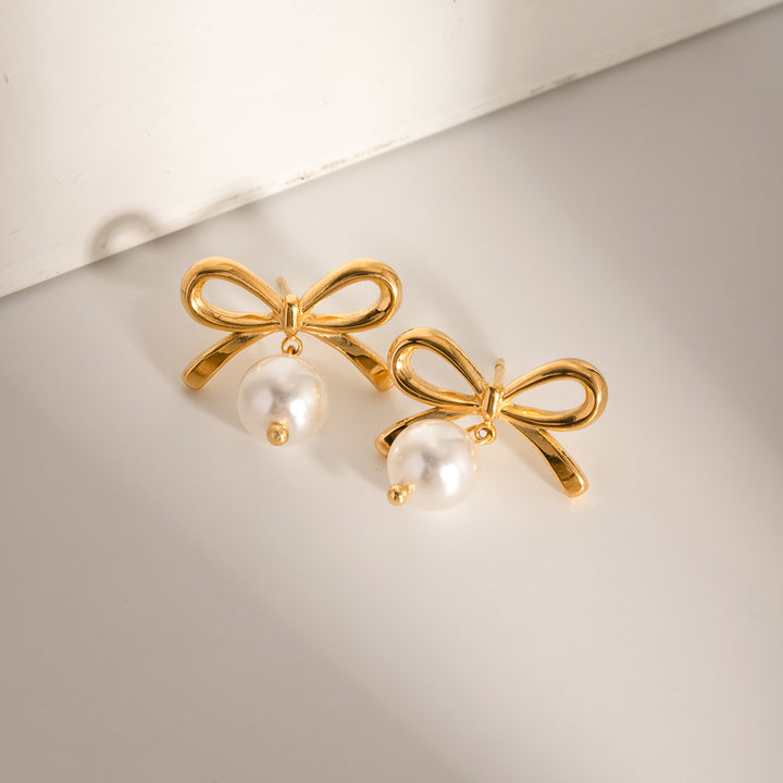 Stainless Steel Bow Pearl Earrings Trendsi