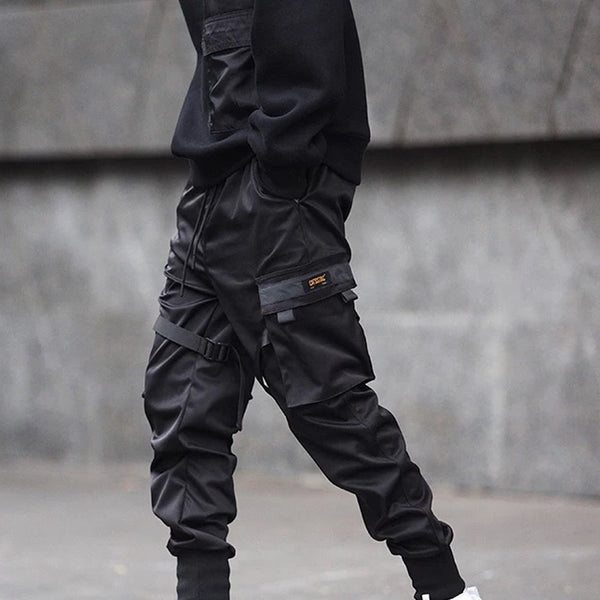 Men Black Hip Hop Cargo Pants Elastic Waist Jogger Trousers Sweatpants Pockets Full Length Casual Fashion-Super Amazing Store