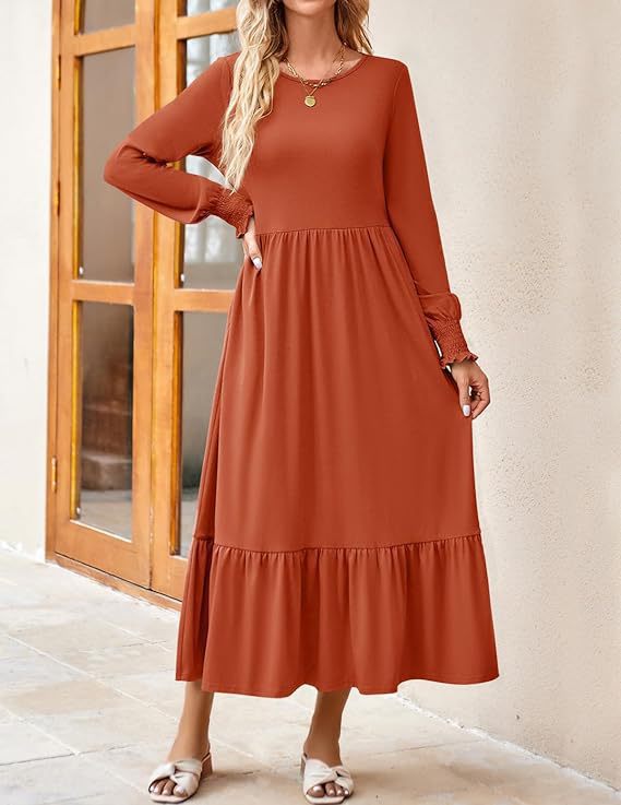 Women's Smocking Long Sleeve Round Neck Mid-length Dress Q2