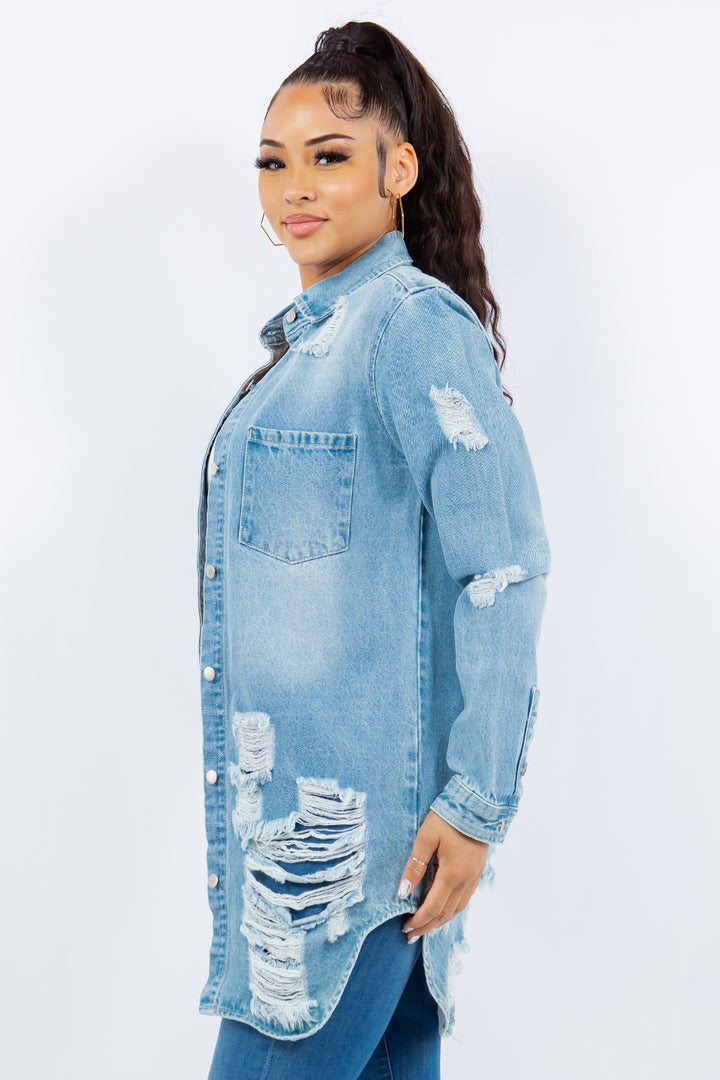 American Bazi Distressed Button Up Long Sleeve Denim Jacket Trendsi