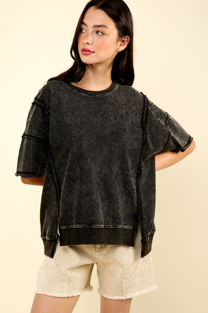 VERY J Round Neck Exposed Seam Slit T-Shirt Trendsi