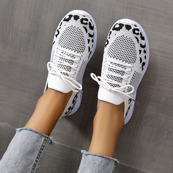 White Shoes Women Leopard Print Lace-up Sneakers Sports Q2