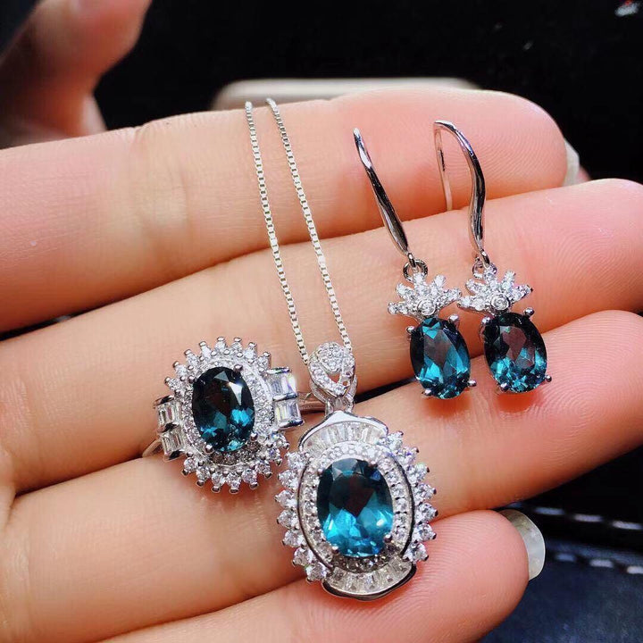 Blue Topaz Ring Pendant Earring Set Crystal S925 Silver Inlay - Super Amazing Store