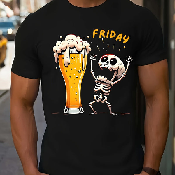 Fridan Skull Print Fashion T-shirt, Round Neck Short Sleeved Top, Patterned T-shirt For Men's Summer Clothing, Men's Matching Super Amazing Store