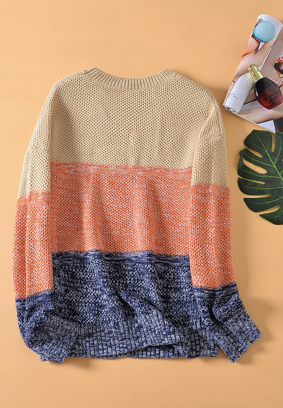 Color Block Round Neck Long Sleeve Sweater Trendsi