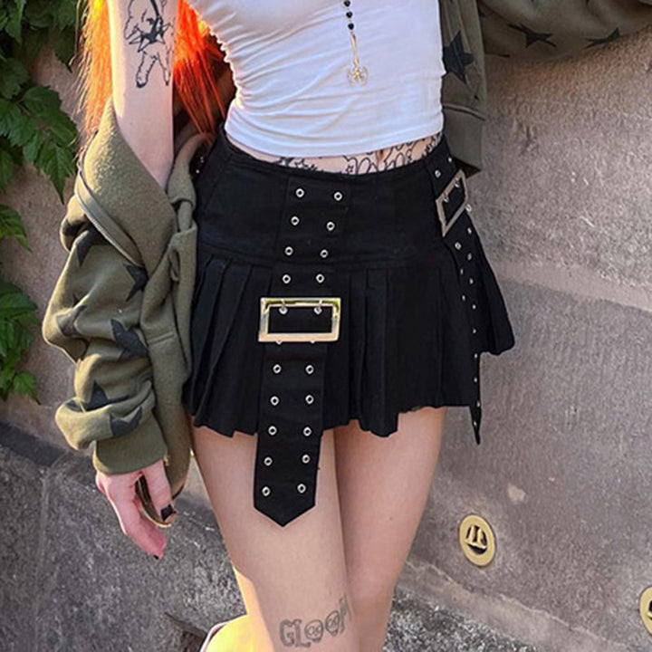 American Heavy Industry Design Pleated Skirt Japanese Buckle Stitching Low Waist A- Line Style - Super Amazing Store