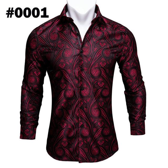 Barry.Wang Teal Paisley Floral Silk Shirts Men Autumn Long Sleeve Casual Flower Shirts For Men Designer Fit Dress Shirt BCY-05 - Super Amazing Store