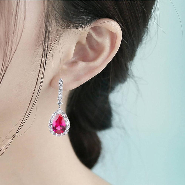 Female Sterling Silver Inlaid Red Corundum Zircon Water Drop Earrings - Super Amazing Store