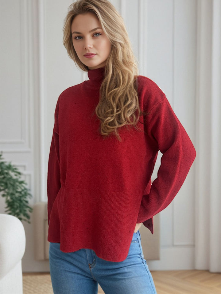 Side Slit Turtleneck Long Sleeve Sweater Trendsi