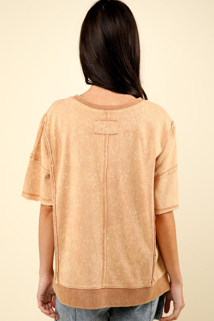 VERY J Round Neck Exposed Seam Slit T-Shirt Trendsi