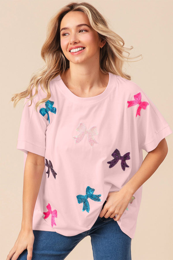 BiBi Sequin Bow Patch Short Sleeve T-Shirt Trendsi