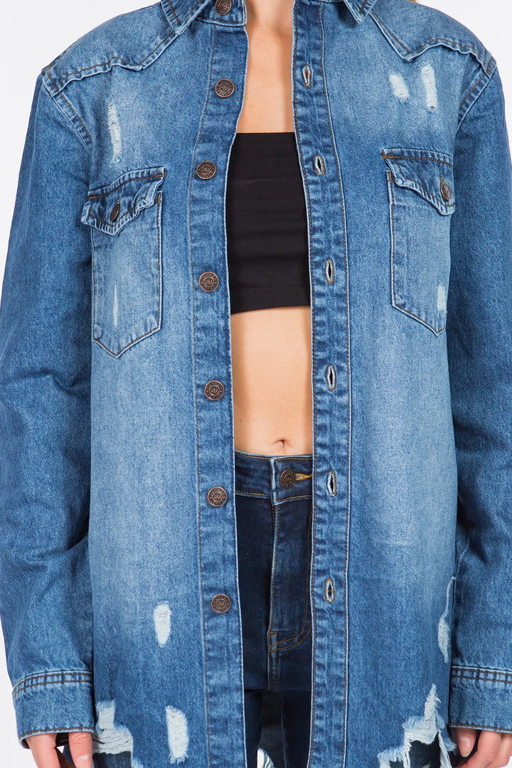 American Bazi Distressed Frayed Hem Denim Jacket Trendsi