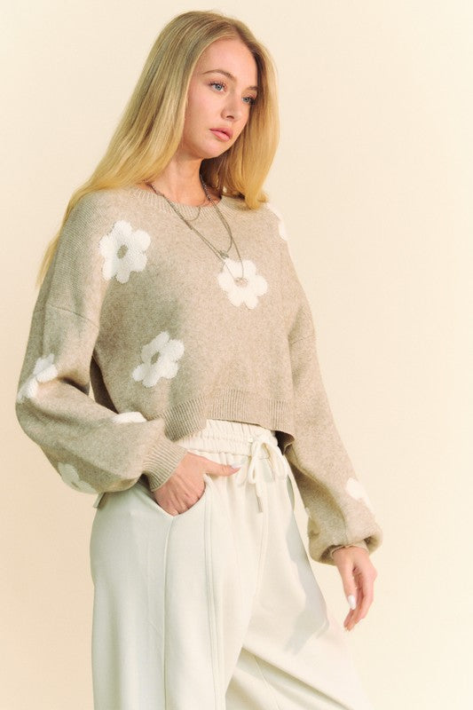 Davi & Dani Floral Drop Shoulder Cropped Sweater Trendsi