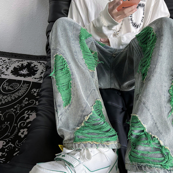 Green Ripped Jeans For Men Raw Embroidery-Super Amazing Store