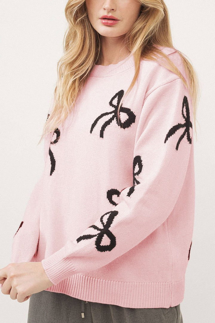 Bow Pattern Round Neck Loose Fit Sweater Trendsi