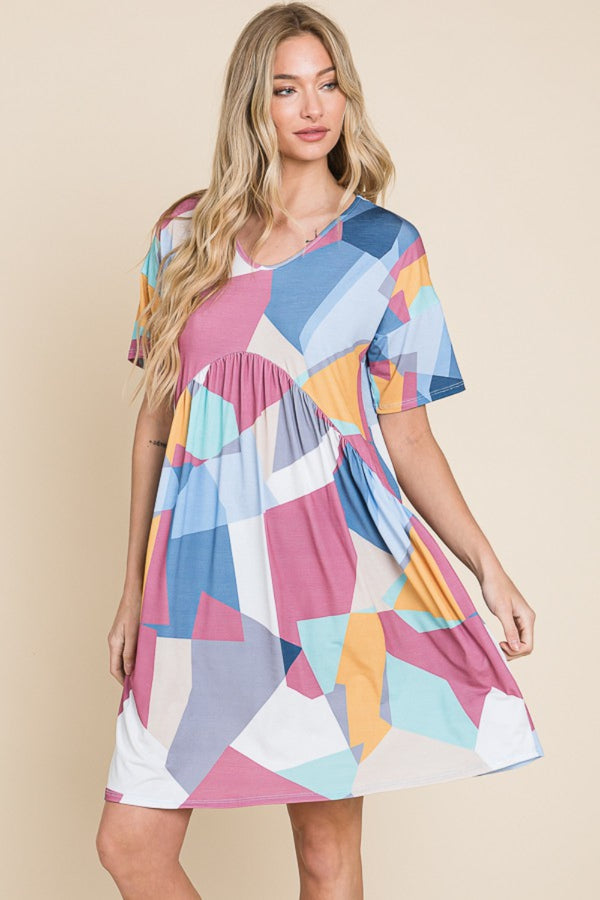 BOMBOM Ruched Color Block Short Sleeve Dress Trendsi