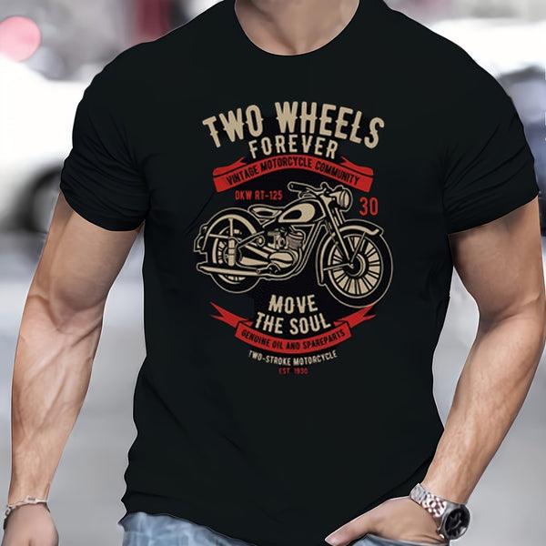 Men's Novel Pattern T-shirt, Motor Print, Polyester And Spandex, Retro Motorcycle Design, Casual Round Neck, Machine Washable Super Amazing Store