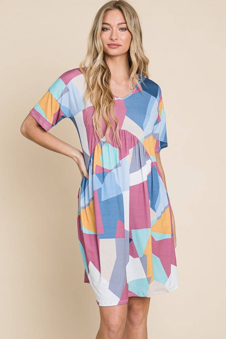 BOMBOM Ruched Color Block Short Sleeve Dress Trendsi