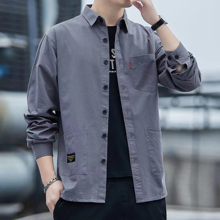 Casual Lapel Long Sleeve Shirt With Pockets Spring And Autumn Jacket Shirt Men's Tops Q2