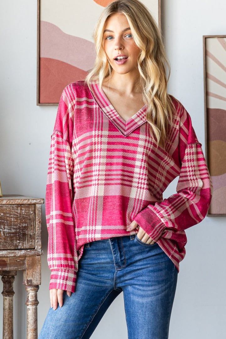 Heimish Plaid Drop Shoulder V-Neck T-Shirt Trendsi