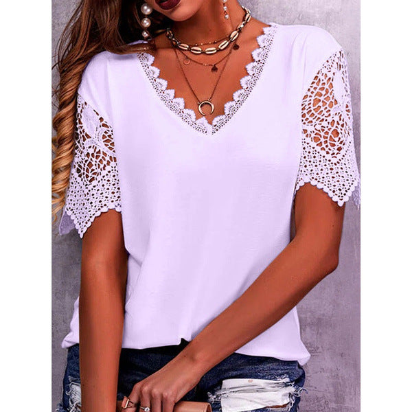 Lace Tops Women Summer Loose V Neck Short Sleeve Casual Shirts - Super Amazing Store