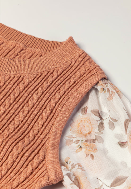 Cable Knit Round Neck Flounce Sleeve Sweater Trendsi