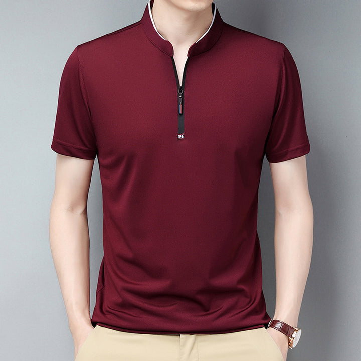 Summer Stand Collar Short Sleeve Men's Half Zipper Solid Color Trendy Casual Men's T-shirt Super Amazing Store