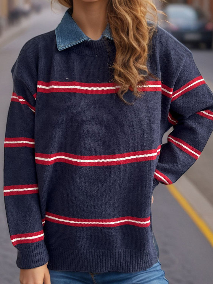 Contrast Stripes Round Neck Long Sleeve Sweater Trendsi